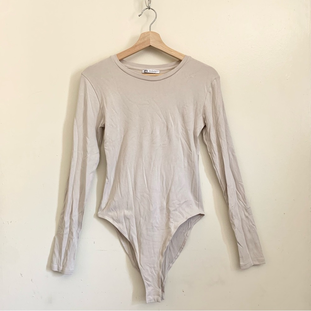 Zara Beige Cream Crewneck Long Sleeves Bodysuit Large